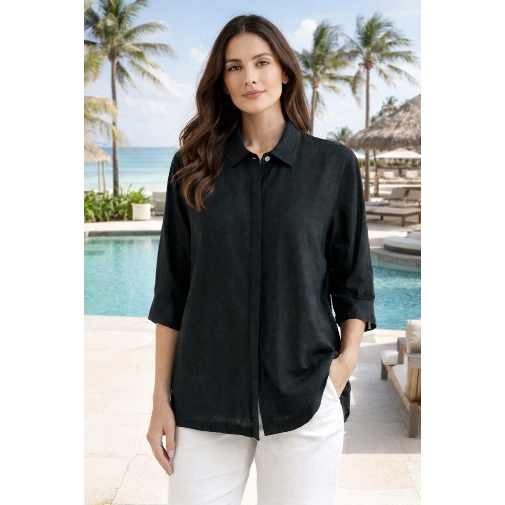 Jams World Women's Sz M Button Black Solid Shirt Linen Vintage 90s 80's Resort